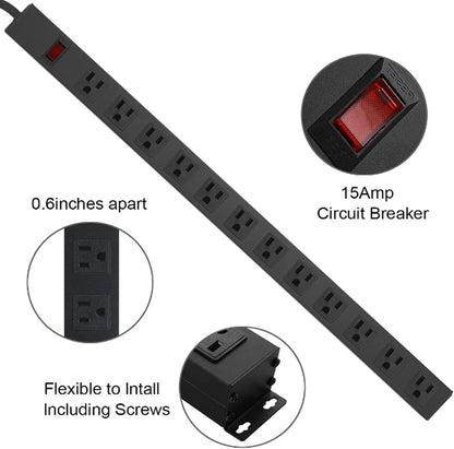 HHSOET Metal Wall Mount Power Strip, Mountable Power Outlet with 12 AC Outlets, Aluminum Alloy Mount Power Socket with Switch, 10 FT SJT 3/C 14AWG Power Cord, 15A 125V 1875W (12AC) Black