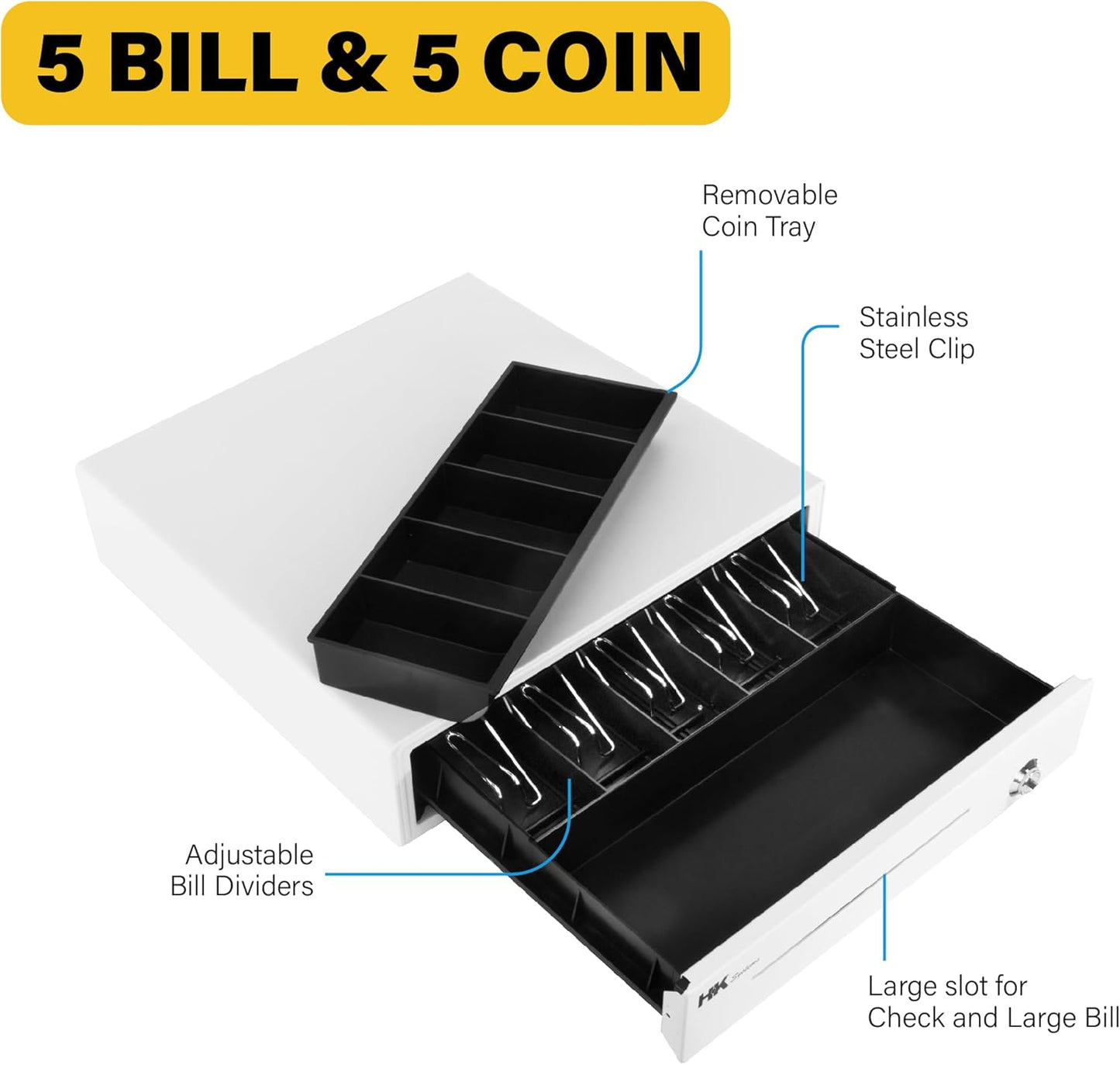 HK SYSTEMS 16inch Heavy Duty POS Cash Drawer with 5Bill/5Coin, Removable Coin Compartment, 24V, RJ11, Single Large Media Slot, White