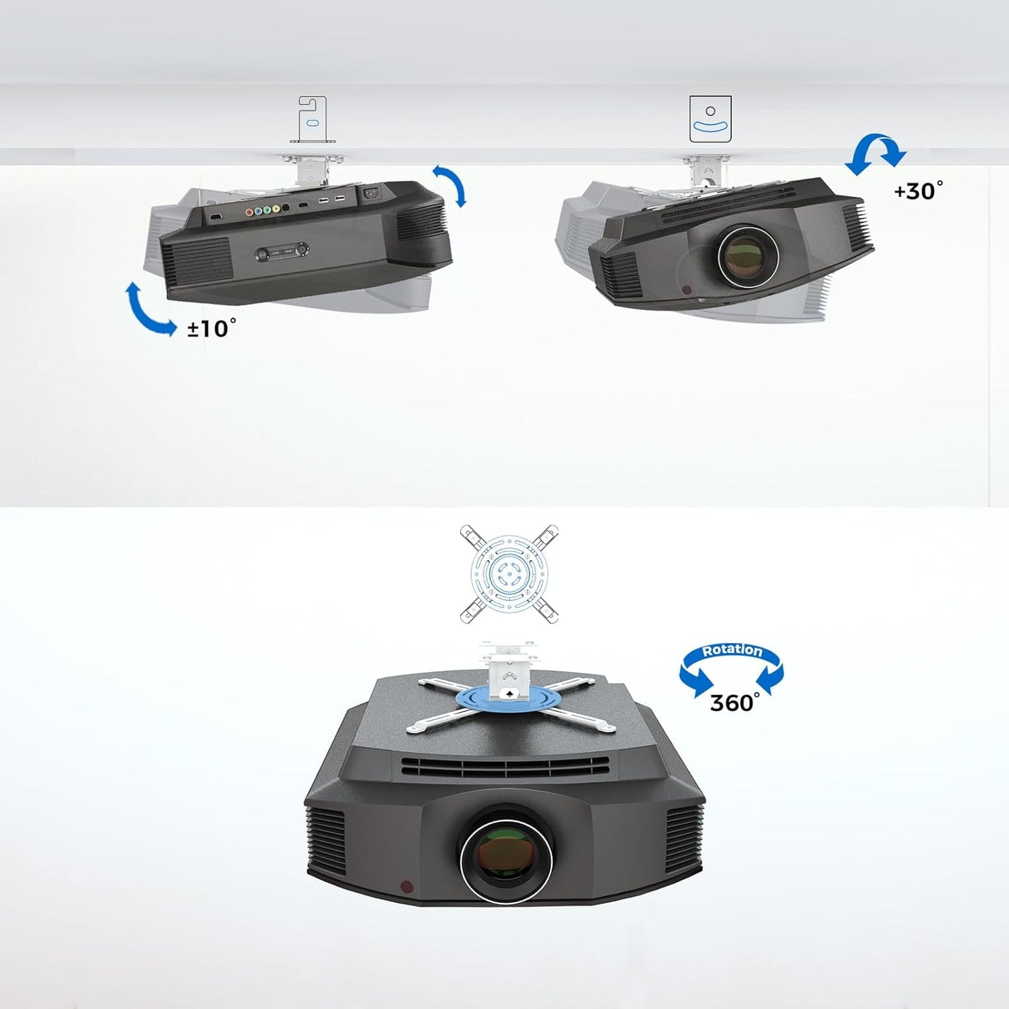 Low Profile Projector Ceiling Mount Universal, 22 lbs Max Weight, 360° Rotation 30° Tilt | Universal Projector Bracket 3.3" High, Suspended Drop Ceiling Mount Kit for Home & Office Projectors(White)