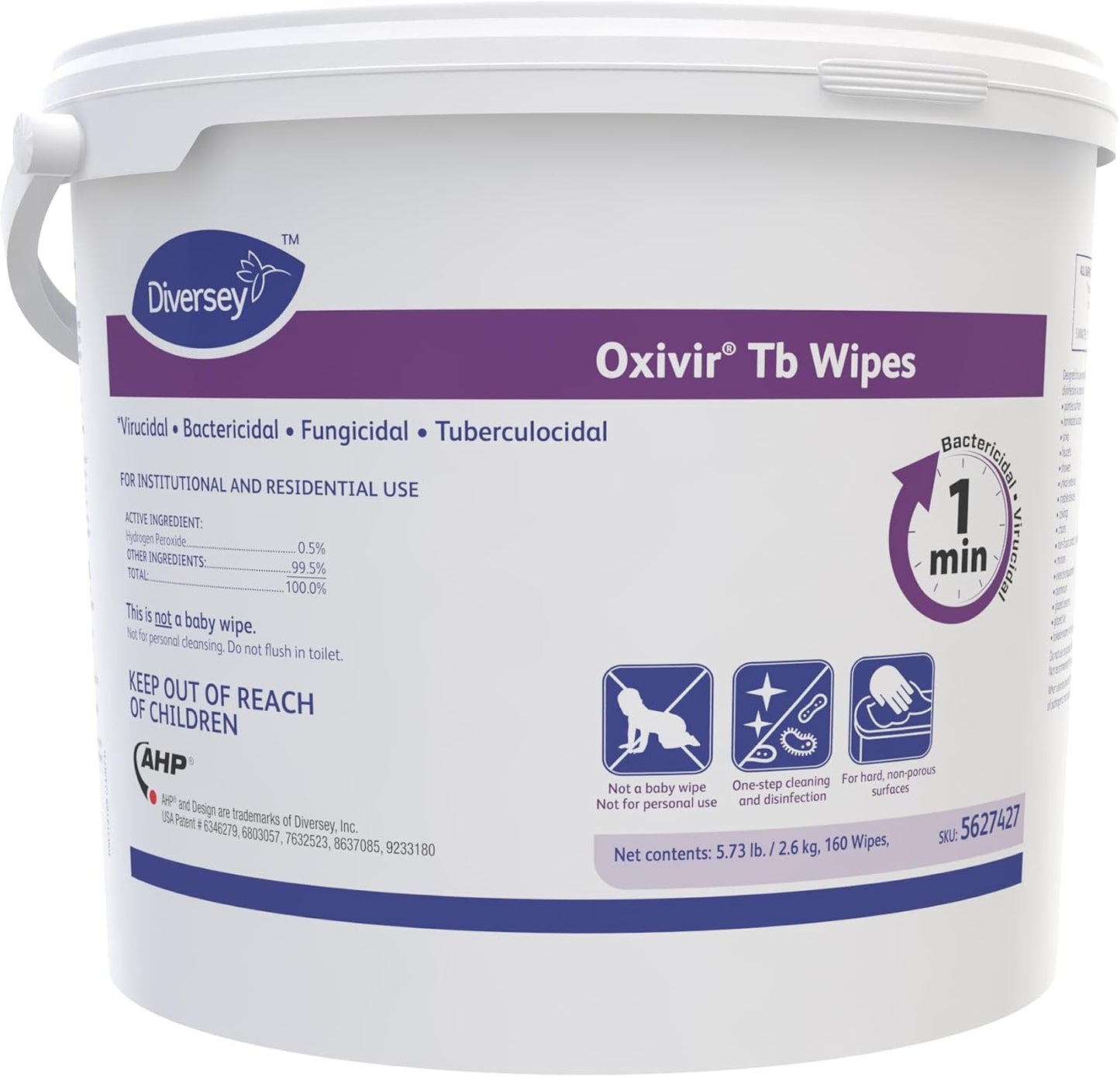 Oxivir Diversey Tb 5627427 Ready-to-Use Disinfectant Cleaning Wipes, Accelerated Hydrogen Peroxide, 11x12-Inch Extra Large Sheets, 160-Wipes, 1-Bucket (Pack of 4)