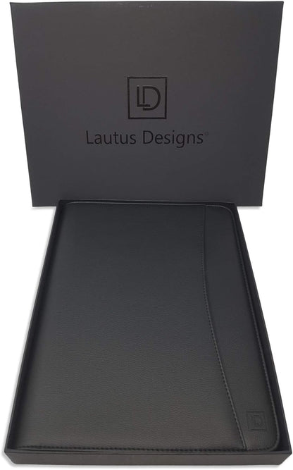 Matt Black Zippered Portfolio Binder - Lean PU Leather Business Executive Portfolio Organizer Folder - Padfolio for Men & Women with US Letter Notepad & Gift Box by Lautus Designs