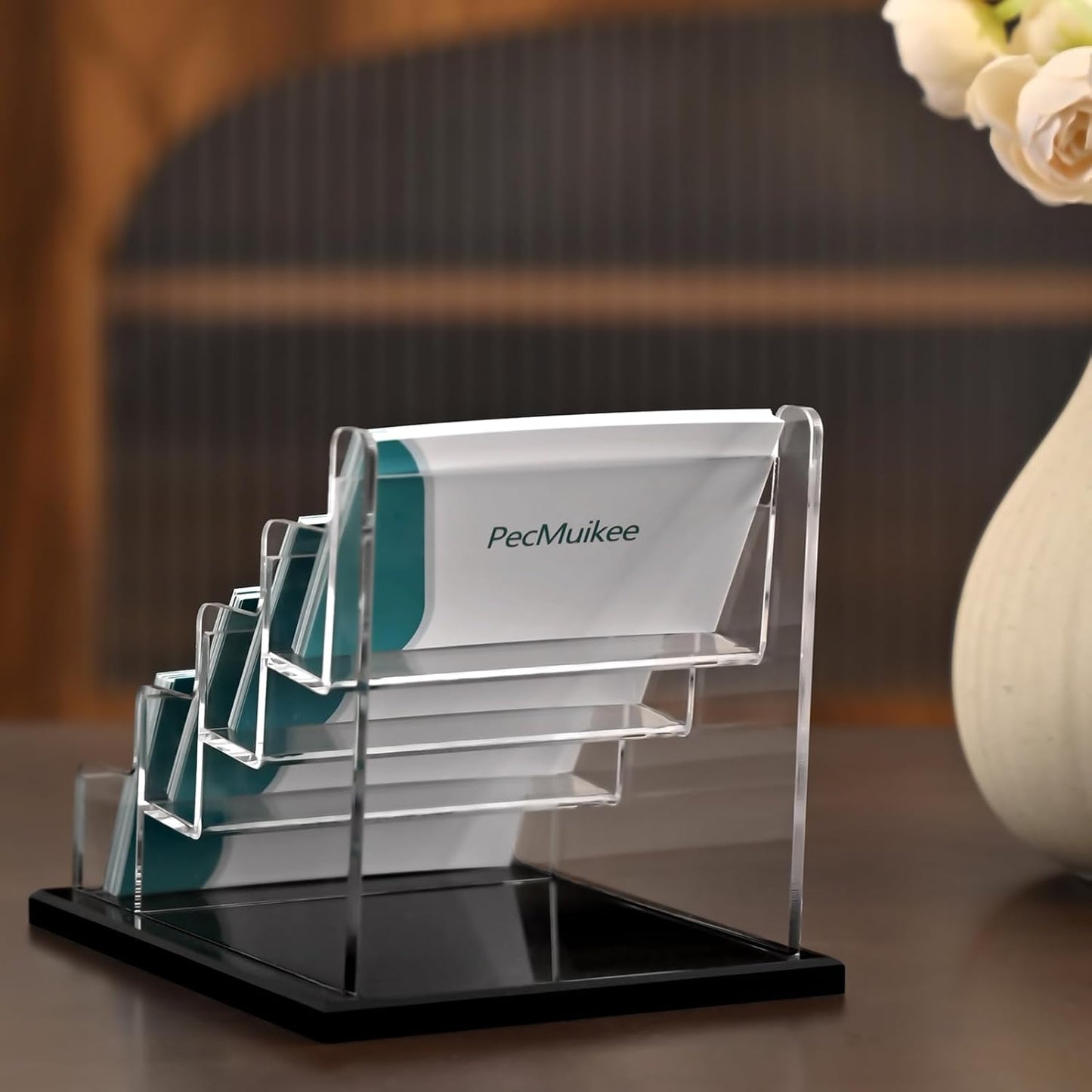 PecMuikee Business Card Holder for Desk，Acrylic Business Card Display Stand,Multiple Business Card Holders for Office, Exhibition, Home, Restaurant (4 Slot)