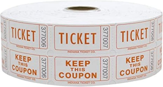 INDIANA TICKET CO. 1,000 Tangerine Raffle Tickets Double Roll, Premium Quality 50/50 Raffle Tickets, Tickets for Events, Carnivals, Door Prizes, Drinks and More