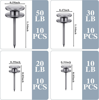 Ferraycle 40 Piece Double Headed Picture Hangers Nails 4 Size Long Thumb Tacks for Wall Hanging Decorative Nails Push Pins Picture Hooks for Drywall Photo Decor, 10/20/ 30/ 50lb(Silver)