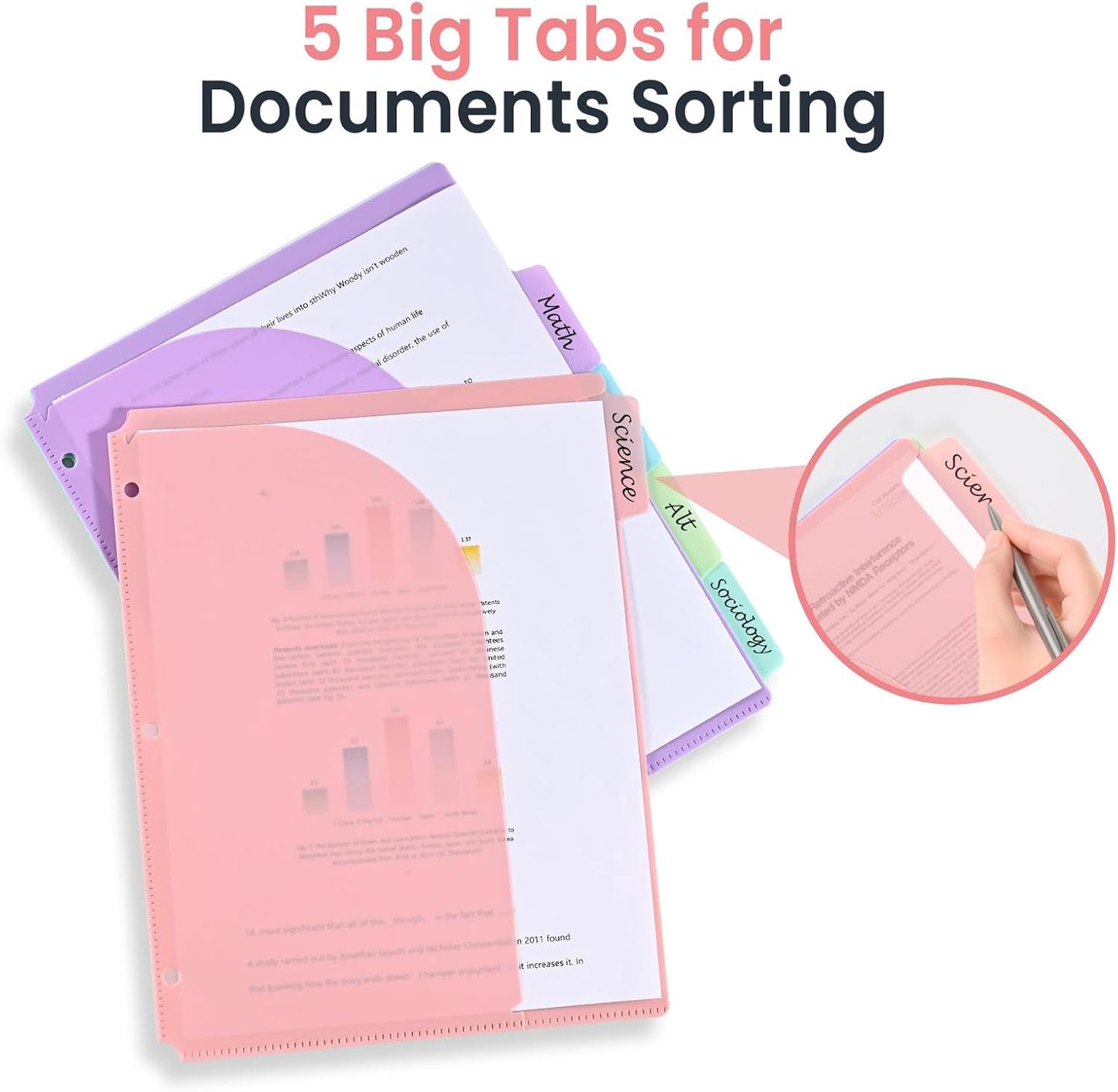 5-Tab Dividers for 3 Ring Binder, 15 Counts Binder Dividers Index with Pockets, 8.5 x 11'' Binder Dividers with 1/5 Cut Tabs for School Office (XY026) (3)