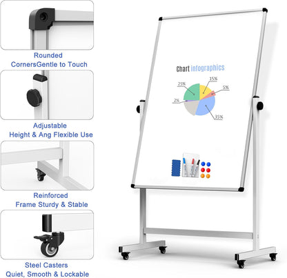 Rolling Whiteboard on Wheels, Double-Sided Magnetic Dry Erase Board with Stand, Mobile White Board for Office, Classroom, Home (32" x 48")
