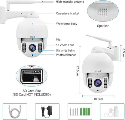 JideTech 5MP PTZ WiFi Camera Outdoor, 5X Optical Zoom IP Dome Camera, Auto Tracking Security Camera, 196ft IR Night Vision, Human/Motion Detection, Two Way Audio, IP66 Waterproof, SD Card Slot