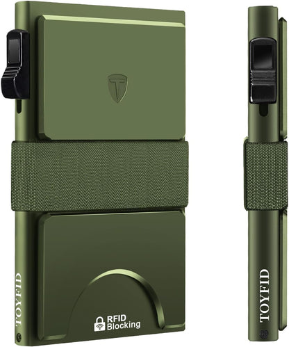 Slim Card Wallet,Minimalist Metal Wallets Pop Up Quick Access Card Holder for Men RFID Blocking Protection 12+ Card Capacity Expandable Backplate & Cash Band for Breast/Back/Front Pocket,Green