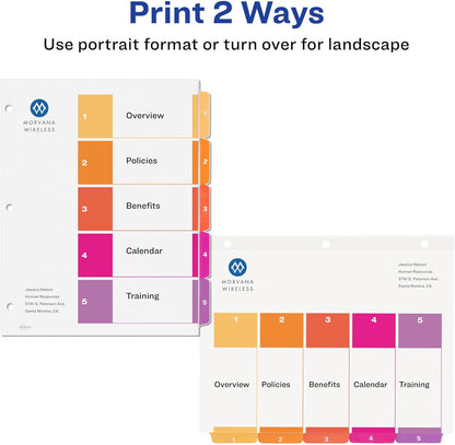 Avery 5 Tab Dividers for 3 Ring Binders, Customizable Table of Contents, Multicolor Tabs, 6 Sets (11187)