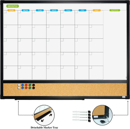JILoffice Magnetic Calendar Whiteboard & Bulletin Corkboard Combination, Combo Board 24 x 18 Inch, 2 Pack, Black Aluminum Frame Wall Mounted Board for Office Home and School with 10 Push Pins