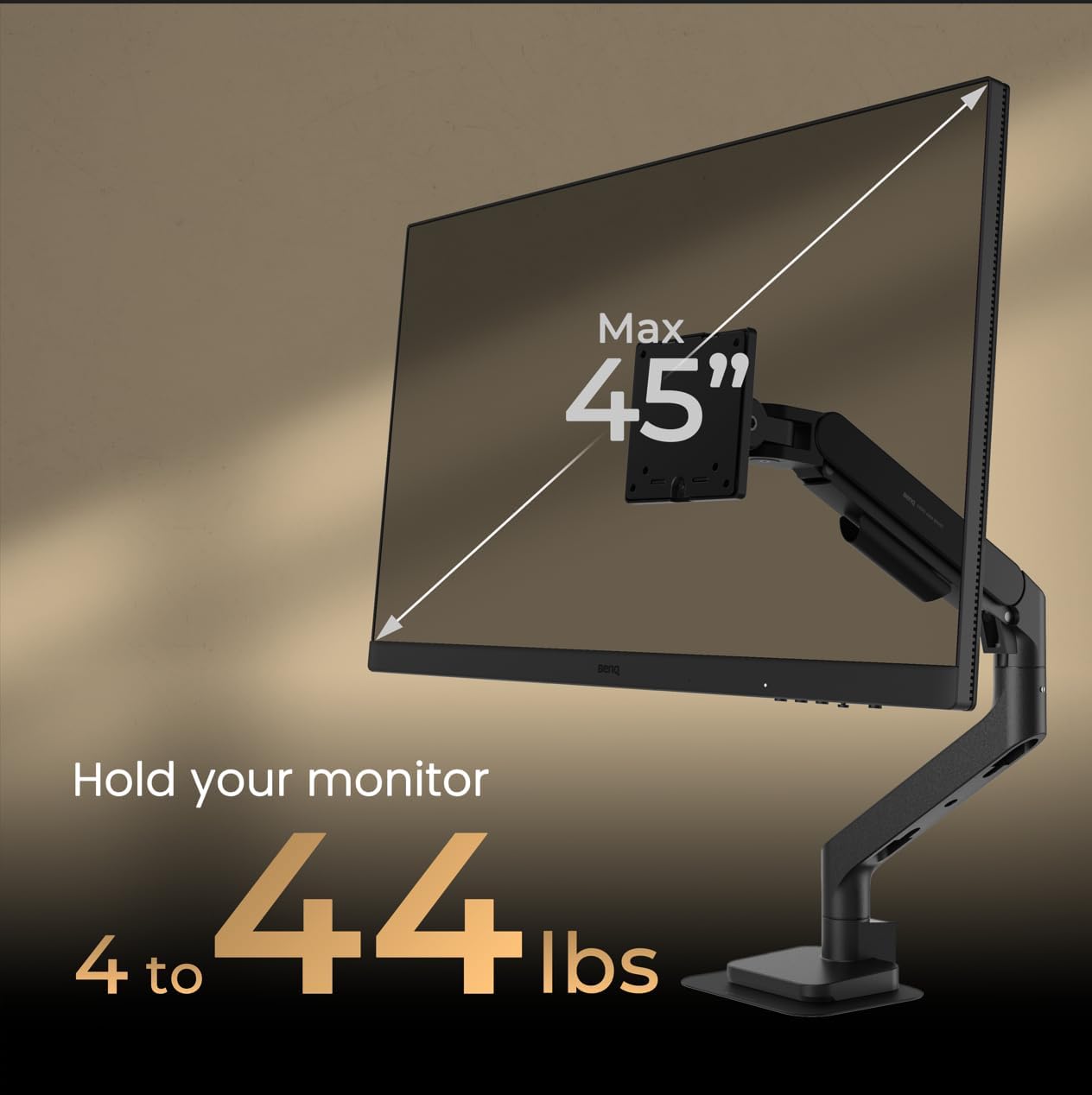 BenQ BSH01 Ergo Monitor Arm -Gas Spring Monitor Stand for Up to 45'' & 44lbs Screens, Heavy Duty, Quick Installation, No Sagging, Top Clamp and Grommet Base, Reinforcement Plate, VESA 75x75 &100x100mm