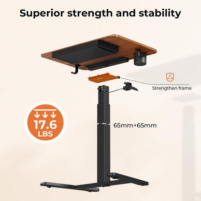 Mobile Standing Desk with Drawer, 28" Rolling Desk with Cup Holder and Hooks, Portable Laptop Workstation on Wheels, Height Adjustable Cart with Storage for Home Office, Dark Wood