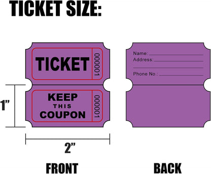 DNB 1000 Raffle Tickets - Double Roll 1000 Pairs per Roll 2 x 2 Inch 50/50 Consecutively Numbered Tickets for Entry/Events/Fundraiser/Prizes - Purple