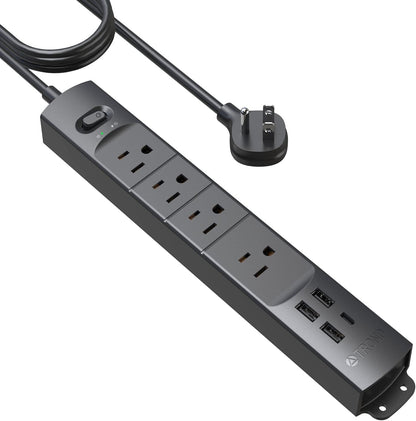 TROND Surge Protector Power Strip with USB, Ultra Thin Flat Plug 10ft Long Extension Cord 1625W, 3 USB A & 1 Type C, 4 AC Outlets 1440J Surge Protection Wall Mount for Home Office Dorm Room, Black