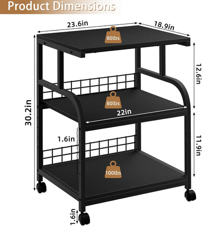 Lerliuo Large Printer Stand with Storage, 23.6"W x 18.9"D x 30.2"H, 5-Adjustable Shelf Heights Mobile 3 Tier Table with Lockable Wheels, Industrial Rolling Printer Cart, Black Stands for Home Office