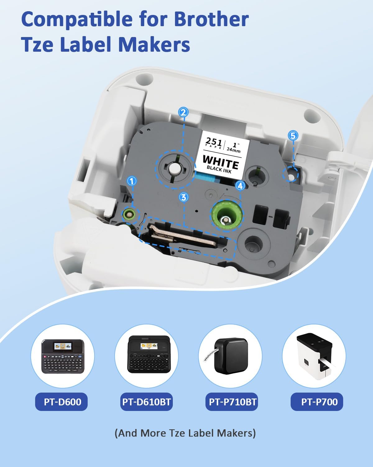 TZe251 24mm 0.94 Laminated White TZ Tape Replacement for Brother TZe-251 P Touch Label TZe Tape 24mm 1 Inch Label Maker Tape for Brother PT-D610BT PT-D600 PT-P710BT PT-P700 PT- P910BT, 4-Pack