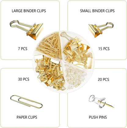 Gold Paper Binder and Clips Set, Metal Assorted Sized Binders with Push Pins, Cute Office Supplies, Teacher Desk Must Haves, Desk Accessories