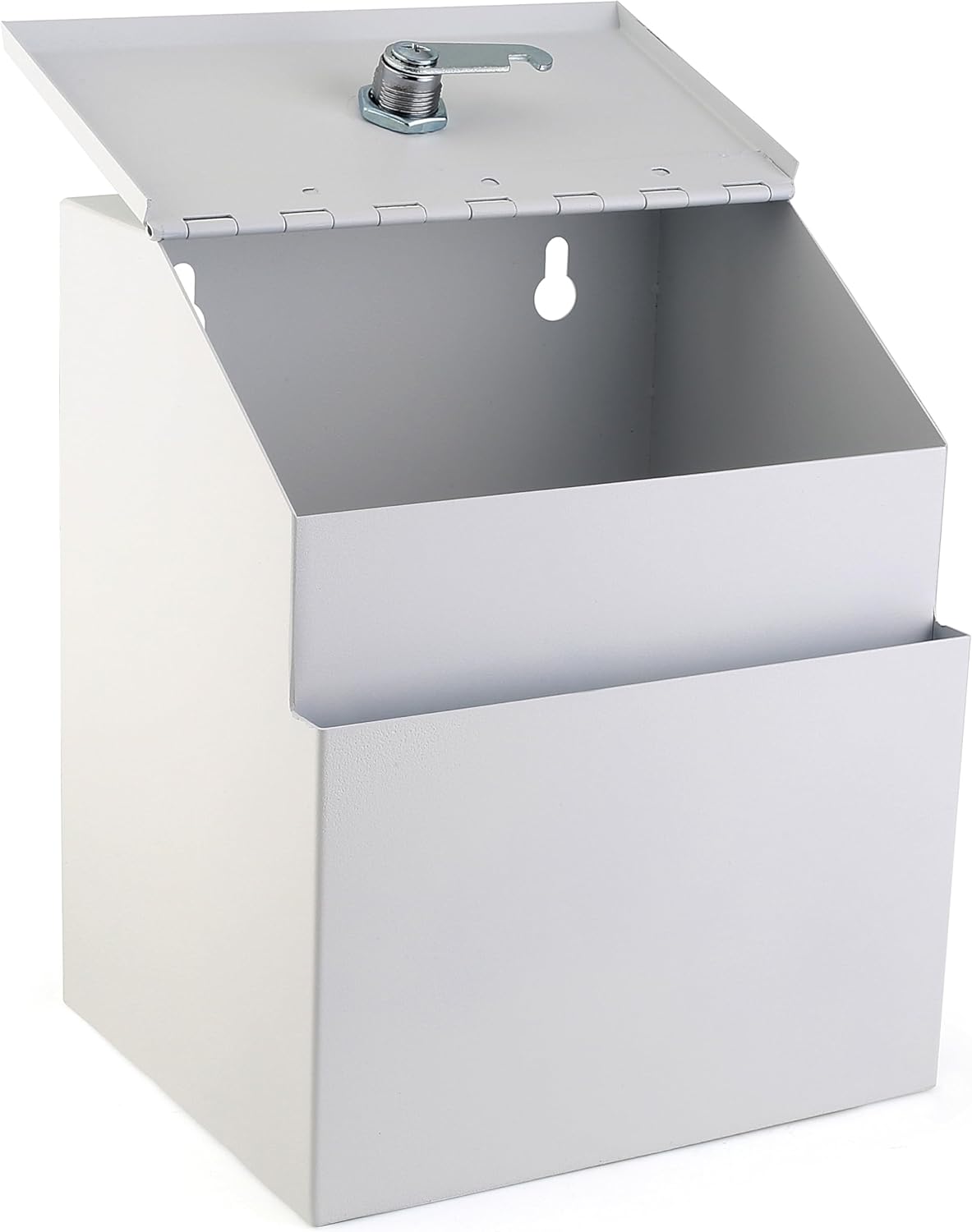 Suggestion Box with Lock and keys, Metal Wall Mounted Ballot Box, Iron steel Donation and Collection Drop Box 8.5" H x 6" W x 7" L with wide 5.5" Slot and front sheet holder (White)