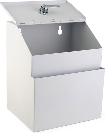 Suggestion Box with Lock and keys, Metal Wall Mounted Ballot Box, Iron steel Donation and Collection Drop Box 8.5" H x 6" W x 7" L with wide 5.5" Slot and front sheet holder (White)