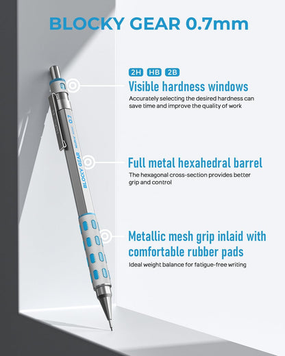 Nicpro Blocky Gear 0.7 mm Mechanical Pencils Set in Case, Metal Pencil with Lead Refills, Eraser for Professional & Adult Art Writing Drafting Drawing