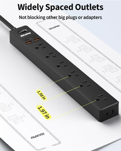 2 Pack Power Strip Surge Protector - 7 Outlets 4 USB Ports (2 USB C), 6 Ft Ultra Thin Flat Plug Extension Cord, 1875W/15A, 1700 Joules, Wall Mount for Home Office Dorm, Black