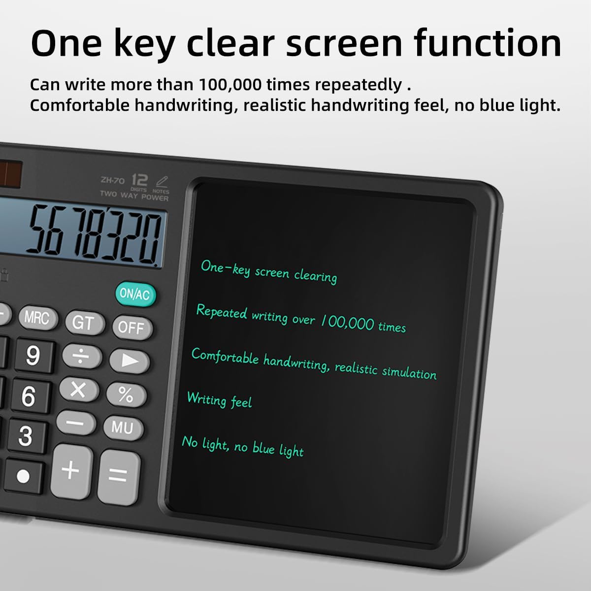 Scientific Calculator with Pull - Out Stylus, 12 - Digit Wide Screen & 100,000+ Reusable Writing Pad, One - Click Clear/Lock, Solar & Battery Dual Power, Portable for School Office Business (Black)