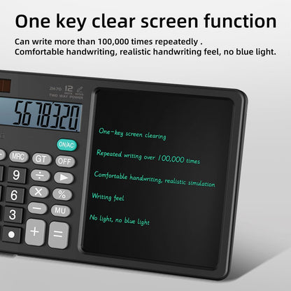 Scientific Calculator with Pull - Out Stylus, 12 - Digit Wide Screen & 100,000+ Reusable Writing Pad, One - Click Clear/Lock, Solar & Battery Dual Power, Portable for School Office Business (Black)