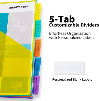 Binditek 12 Set Plastic 5-Tab Binder Dividers with Front Pocket, Tab Insertable Poly Pocket Dividers for 3 Ring Binders, Letter Size, Multicolor, for Students and Coworkers