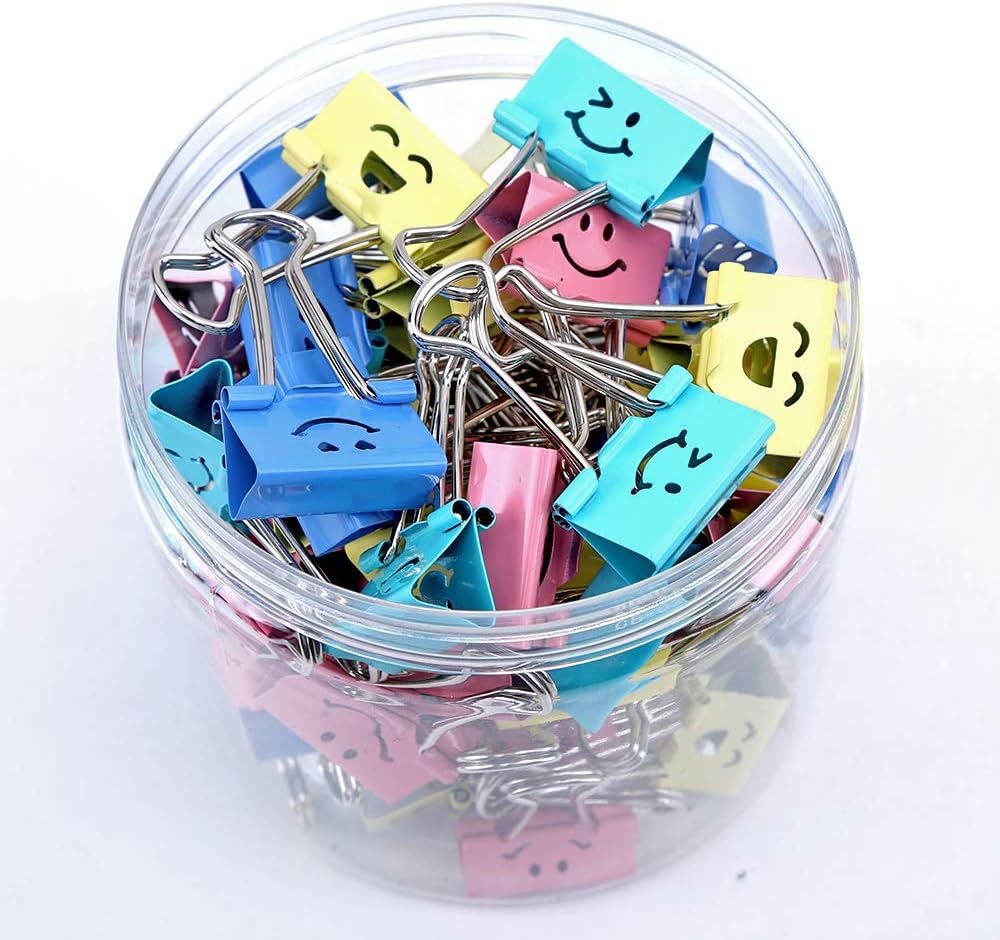 【72pack】 Binder Clips, Limque Paper Clips,Paper Clamps with Colored Cute Hollow Smiling Face,72 Pcs Assorted Size Clip, for Office,Teacher Gifts and Kitchen