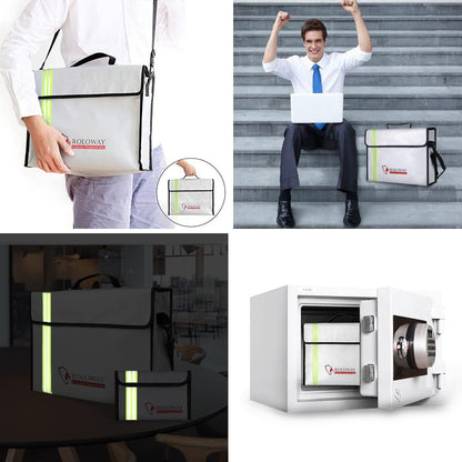 ROLOWAY Large (15 x 12 x 5 inches) Fireproof Bag with Reflective Strip, Water Resistant Fireproof Document Bag Safe for Money, Documents and Valuables Storage