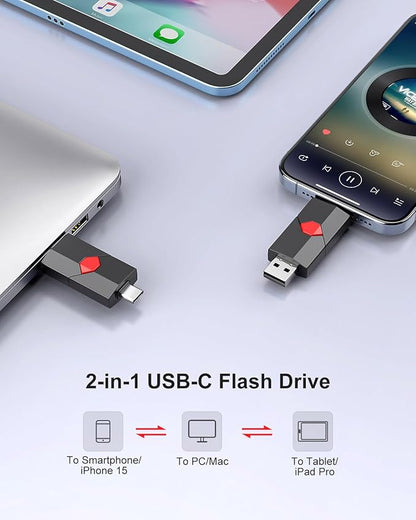 Aiibe 128GB USB C Flash Drive Dual Type C + USB A 128GB Jump Drive Push-Pull Thumb Drive for iPhone 15/16 Smartphone Tablet Computer