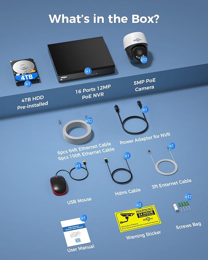【360°View】 Hiseeu 12MP NVR 12 Pcs 5MP PoE PTZ Cameras, 350°Pan 90° Tilt，Auto Human Tracking, Human Vehicle Detect, 2 Way Audio, 7/24 Record&Playback，4TB HDD for Home Surveillance Outdoor Indoor