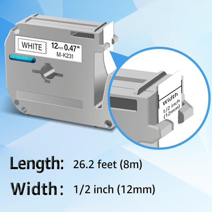 Compatible for Brother P-Touch M Tape M-K231 MK231 M231 MK-231 Black on White Label Tape 0.47" (12mm) x 26.2ft for PT-90 PT-M95 PT-70 PT-70BM PT-85 PT-80 PT-45 PT-65 Label Makers, 1 Pack