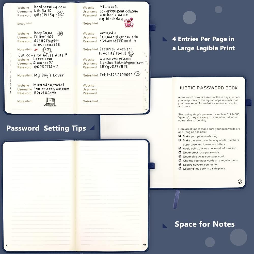 JUBTIC Password Keeper Book with Alphabetical Tabs. Medium Size Password Book for Seniors, Internet Website Address Log in Detail. Hardcover Password Notebook for Home Office, Navy Blue