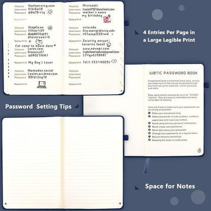 JUBTIC Password Keeper Book with Alphabetical Tabs. Medium Size Password Book for Seniors, Internet Website Address Log in Detail. Hardcover Password Notebook for Home Office, Navy Blue