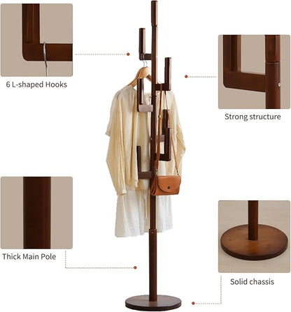 Bamboo Cactus Coat & Clothes Rack Stand, Standing Freestanding Clothing Racks with 6 Hooks for Adults & Kids, Heavy Duty Modern Entryway Living Room Bedroom Corner Coat Rack