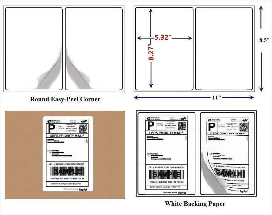 Round Corner Half Sheet Self Adhesive Shipping Labels for Laser and Ink Jet Printers, White Blank (1000 Sheets, 2000 Labels)