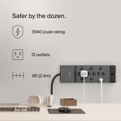 Belkin Surge Protector Power Strip w/ 12 AC Outlets & 8ft Long Flat Plug, UL-listed Heavy-Duty Extension Cord for Home, Office, Travel, Computer, Laptop, Phone Charger - 3,940 Joules of Protection