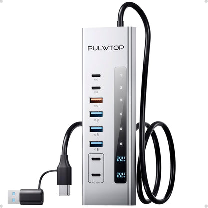 Powered USB C Hub, PULWTOP 11-in-1 USB Hub with SD/TF, 2*USB-C 10Gbps, 4*USB-A 5/10Gbps and 2 * 24/45W Type-C PD Charging Ports (Not Support Video), USB Powered Hub (72W DC Adapter Included)
