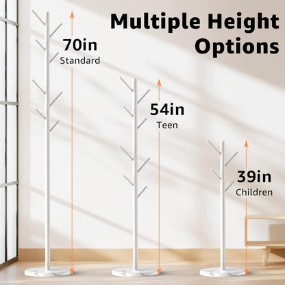Coat Rack with Natural Marble Base, Metal Freestanding Coat Rack with 8 Hooks, 3 Adjustable Size Sturdy Coat Tree for Bags, Coats, and Hats for Entryway, Hallway, Bedroom, Office, White