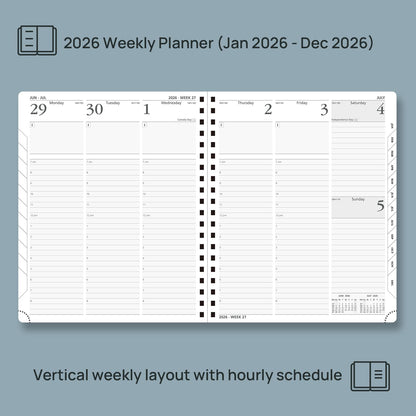 POPRUN 2026 Planner (Large - 8.5" x 10.5") with Hourly Schedule, Vertical Layout - 2026 Weekly Calendar (Jan. 2026 - Dec.2026) for Time Management, Monthly Tabs, Spiral Bound, Soft Cover - Burgundy Red