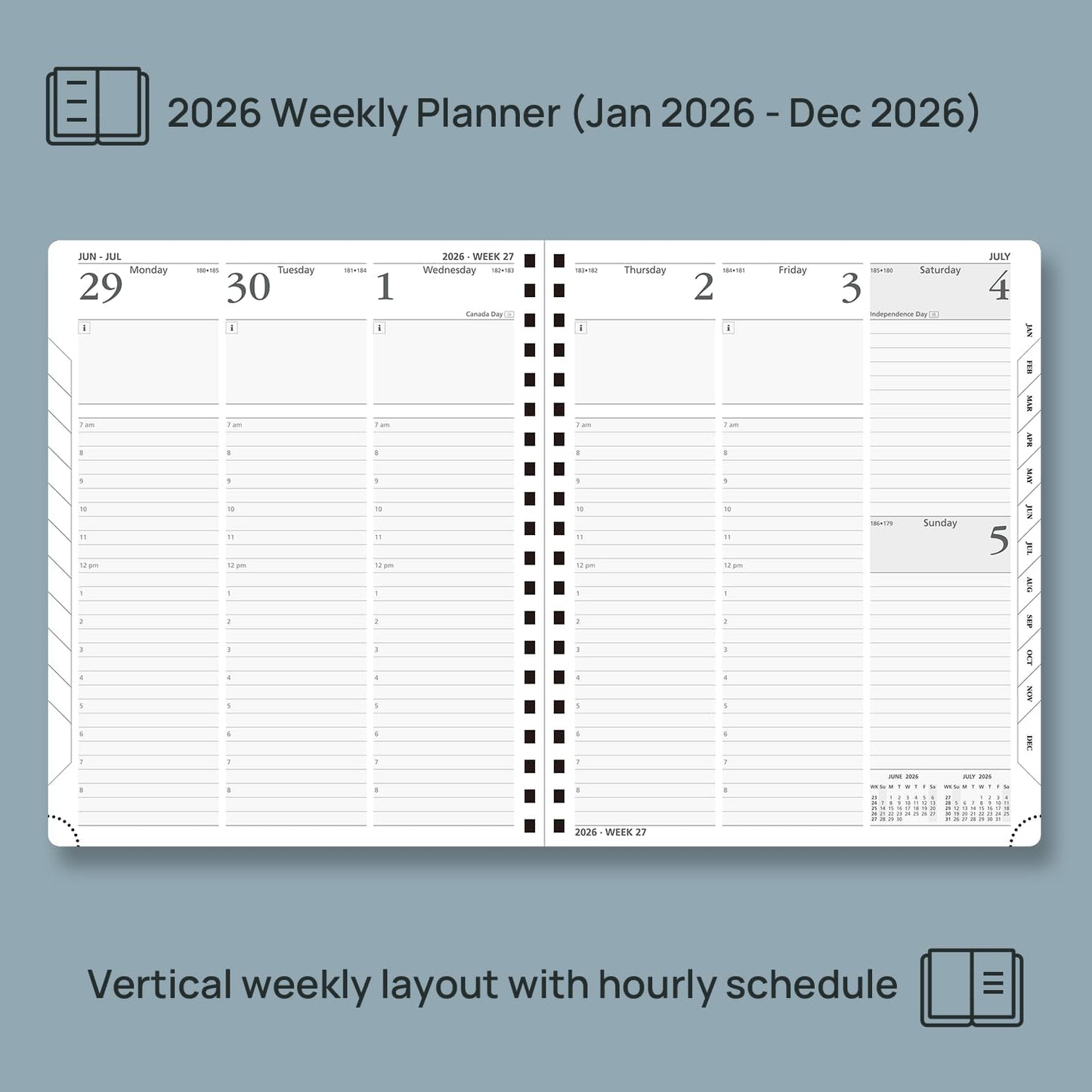 POPRUN 2026 Planner (Large - 8.5" x 10.5") with Hourly Schedule, Vertical Layout - 2026 Weekly Calendar (Jan. 2026 - Dec.2026) for Time Management, Monthly Tabs, Spiral Bound, Soft Cover - Black