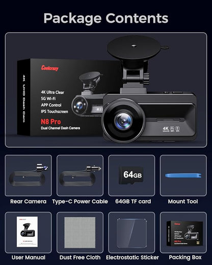 COOLCRAZY 4K Dash Cam Front and Rear with Touch Screen & STARVIS Sensor,5.8Ghz Wi-Fi,GPS,64GB Card,Night Vision Dashcam,G-Sensor,Loop Recording,App Control,24H Parking Monitor Car Camera