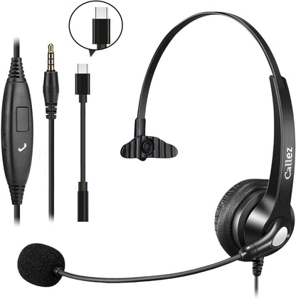 Callez Wired Computer Headset, 3.5mm Cell Phone Headset with Mic Noise Cancelling, USB-C Headphone for PC Laptop Mac iPhone Samsung Zoom Teams Call Center Home Office Work, in-line Controls