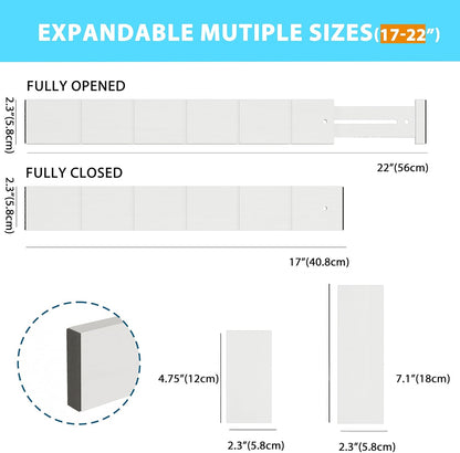 6 Pack Bamboo Drawer Dividers with 12 Inserts, Expandable Adjustable Clothes Drawer Organizers and Storage from 17" to 22" for Kitchen, Bedroom, Dresser, Cosmetics (White)