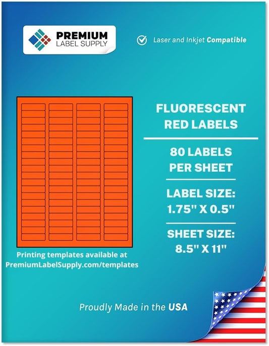 Premium Label Supply Bright Neon Color Fluorescent Sticker Labels - 1.75" x 0.5" Return Address Labels - (Fluorescent Red, 80,000 Labels)