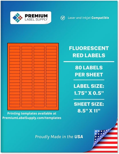 Premium Label Supply Bright Neon Color Fluorescent Sticker Labels - 1.75" x 0.5" Return Address Labels - (Fluorescent Red, 2000 Labels)
