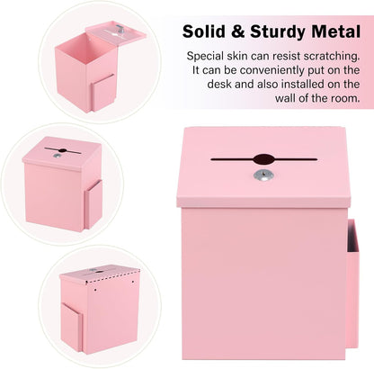 xydled Suggestion Box with Key Lock, Locking Metal Donation Ballot Drop, Comment Prayer Box with Slot for Office, Fundraising, Church, School, Home Use, Pink, 8.7 x 7.1 x 5.9 Inches