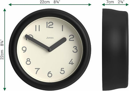 JONES CLOCKS® Fuze Wall Clock | Small Round Clock | Black | Playful Modern Design with Soft sculptural Presence | Ideal for Kitchens Living Rooms Kid's bedrooms