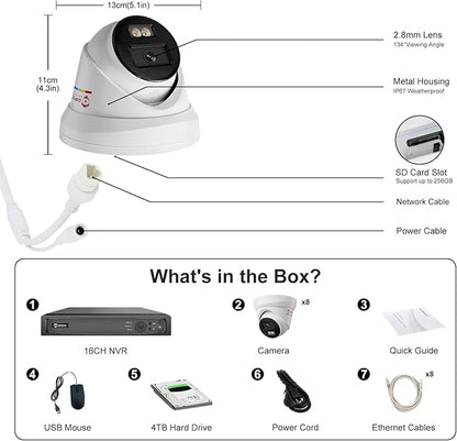 Anpviz 16CH PoE Security Camera System with Human/Vehicle Detection, 8pcs 5MP PoE Cameras with Mic, Smart Dual Light Color Night Vision, True WDR, 16CH NVR with 4TB HDD for 24/7 Recording